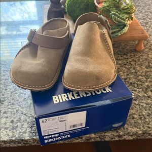 Birkenstock Lutry Taupe Suede Slip-On Clogs with Buckle